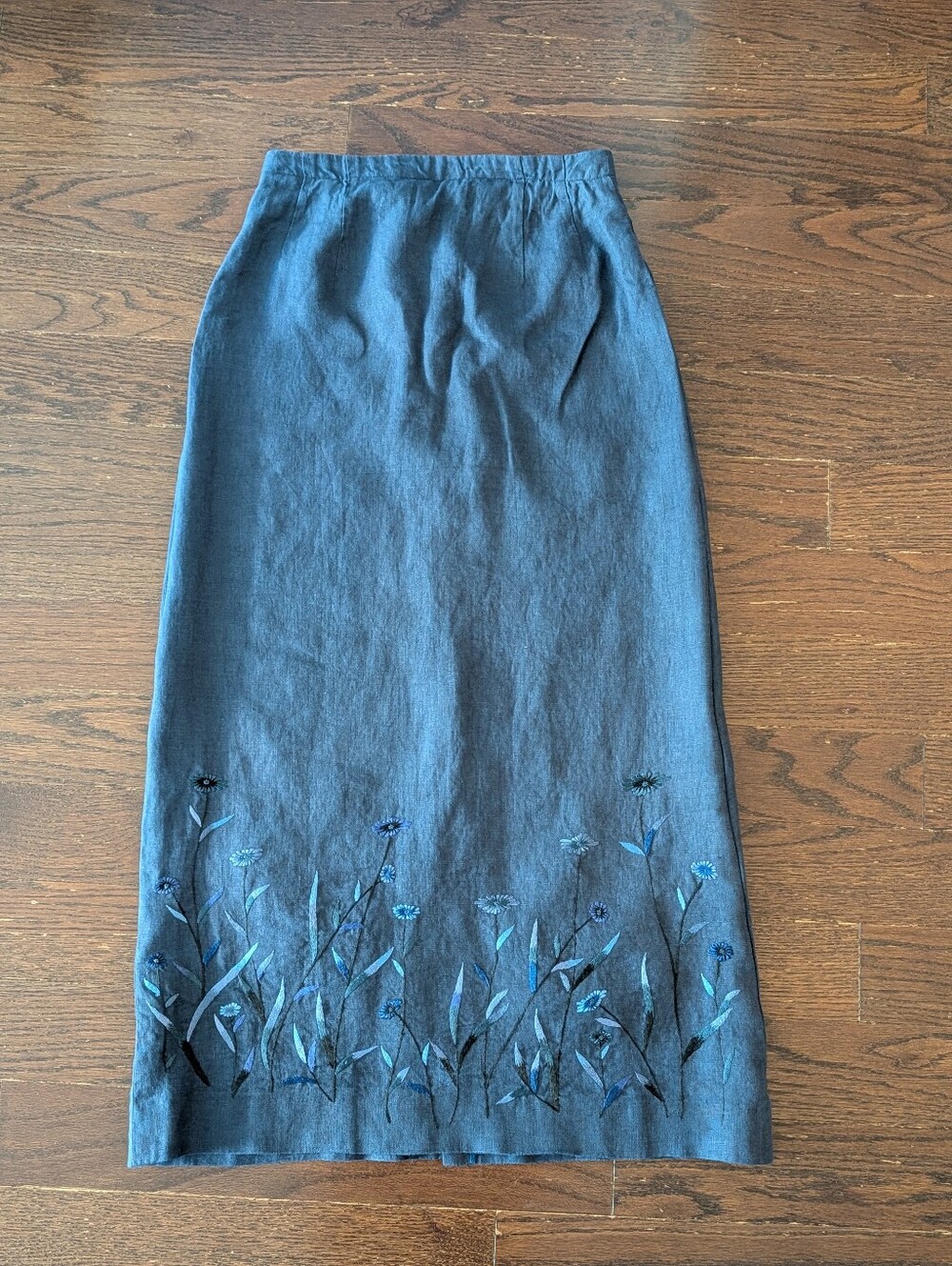Vintage 100% Linen Navy Blue Maxi Skirt With Embroidery